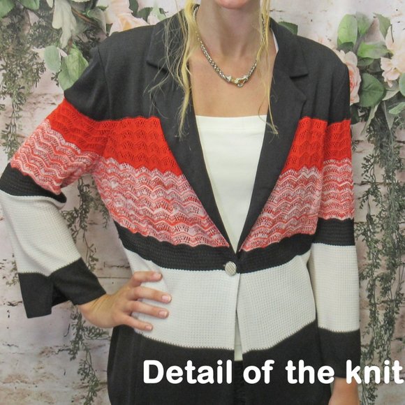 MISOOK knit blazer, Red/black/white striped, V neck with collar, 1 front button - Picture 7 of 10